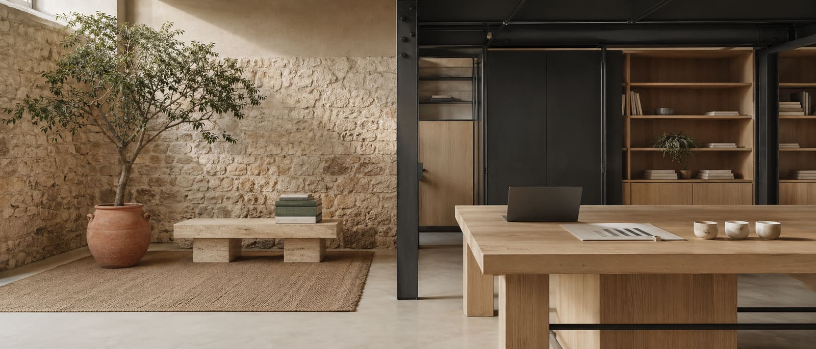 A converted Mediterranean workshop split in two halves under one slanted afternoon light: limestone wall with an olive tree in a terracotta urn on the left, matte-black steel column and pale oak shelving with a thin laptop and printed data sheet on the right — Loyaltio editorial banner suggesting three practices in one studio.