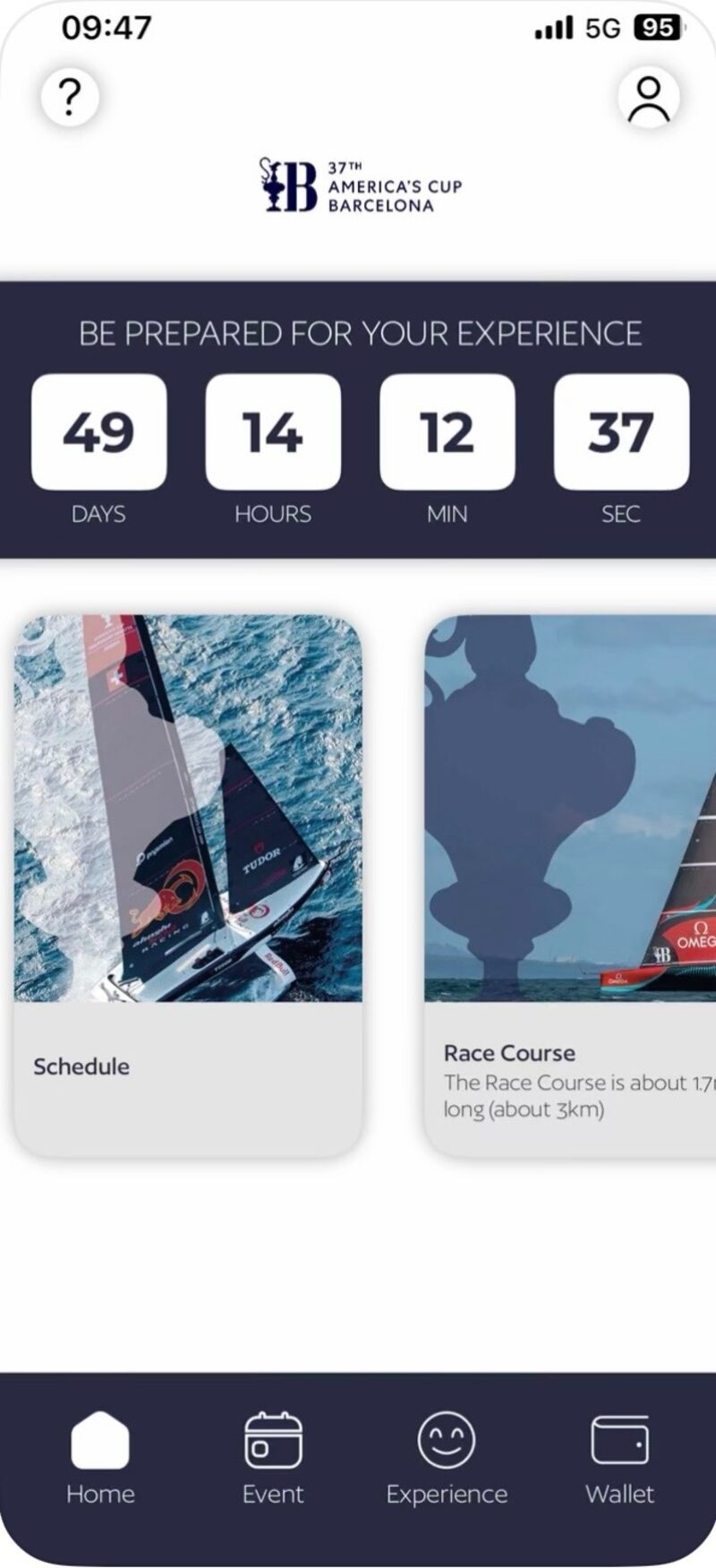 GUESTIN home — countdown to event with Schedule and Race Course tiles